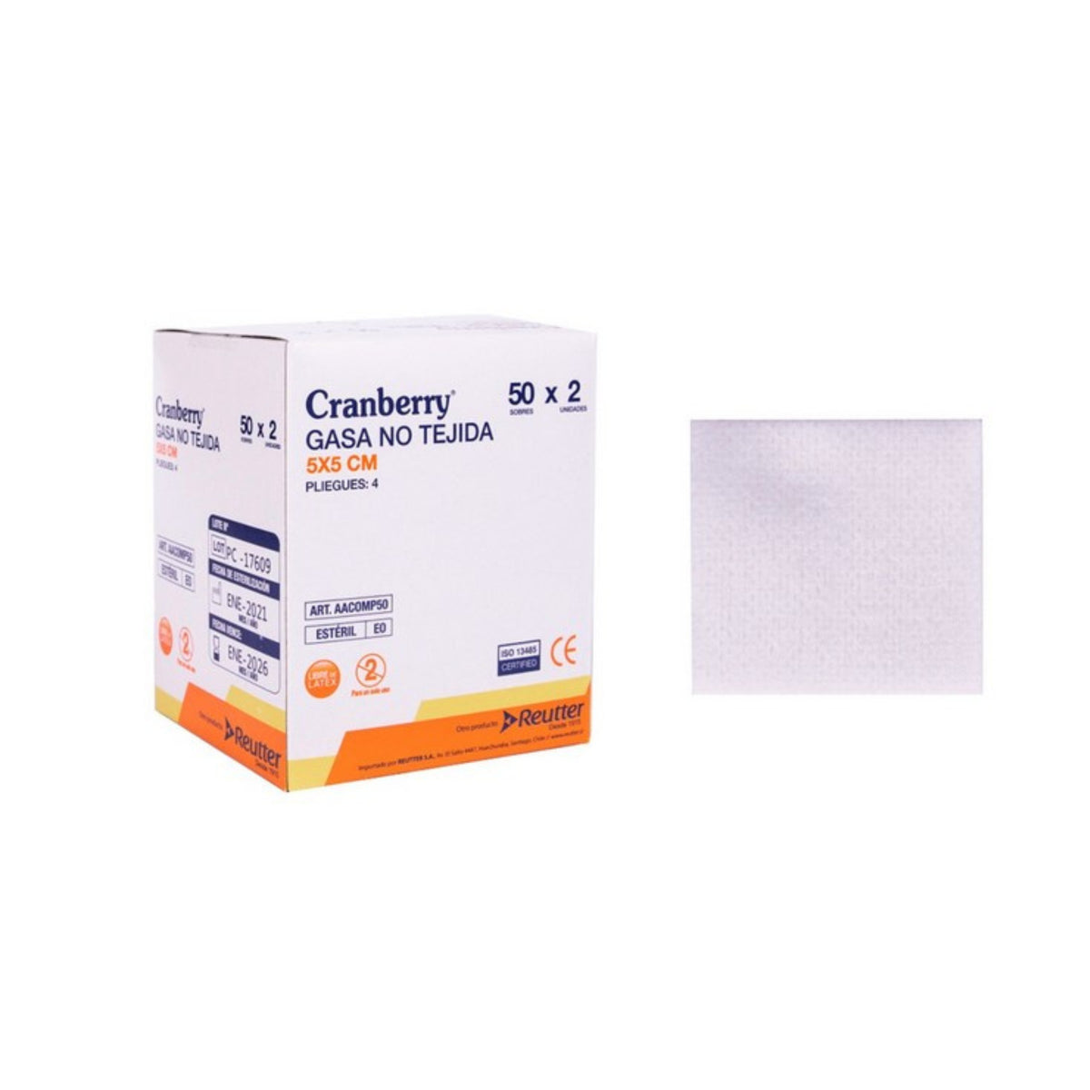 Gasa estéril no tejida 5x5cm Caja x 50 sobres Cranberry