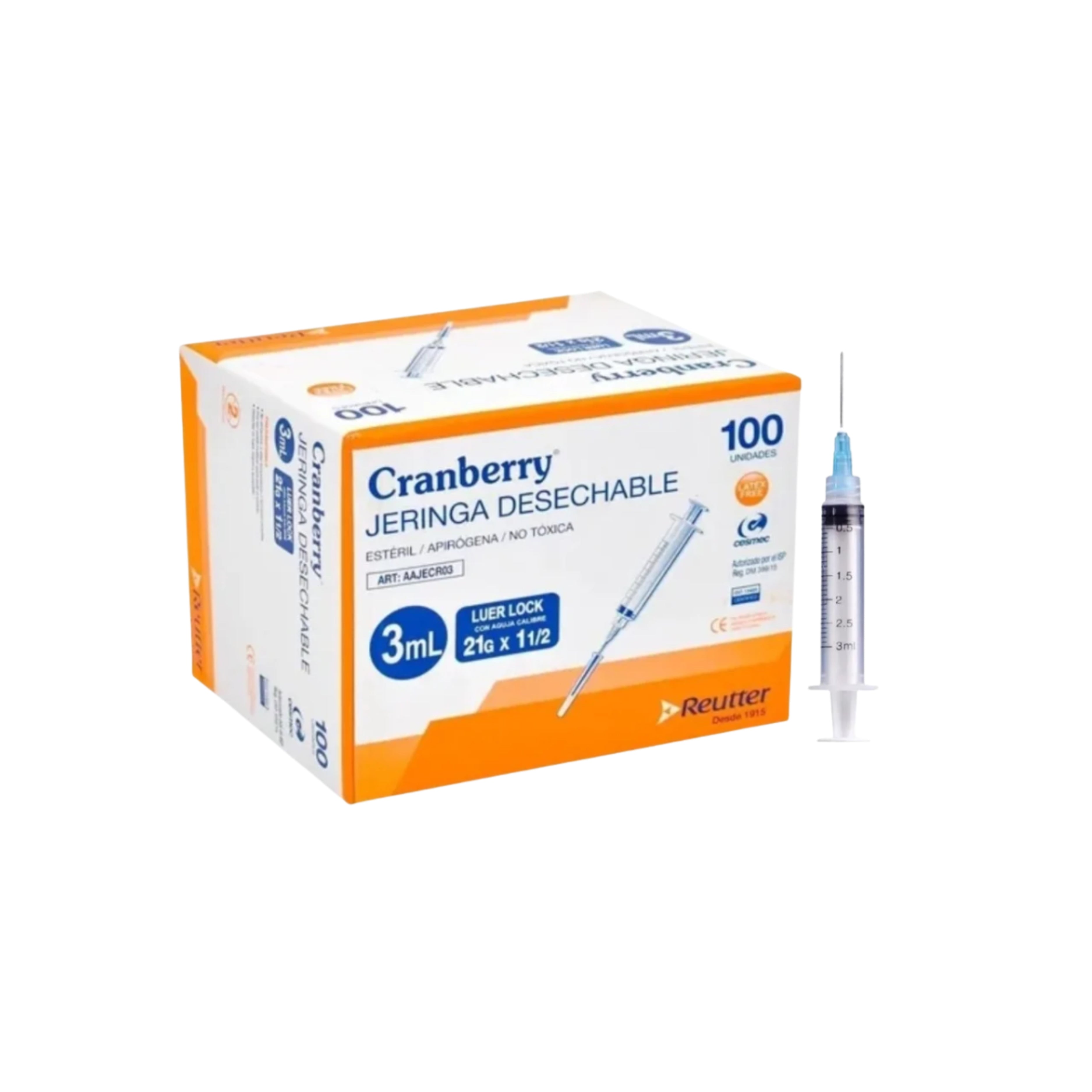 Jeringa desechable Luer Lock C/Aguja 3ml - Caja de 100 Unid
