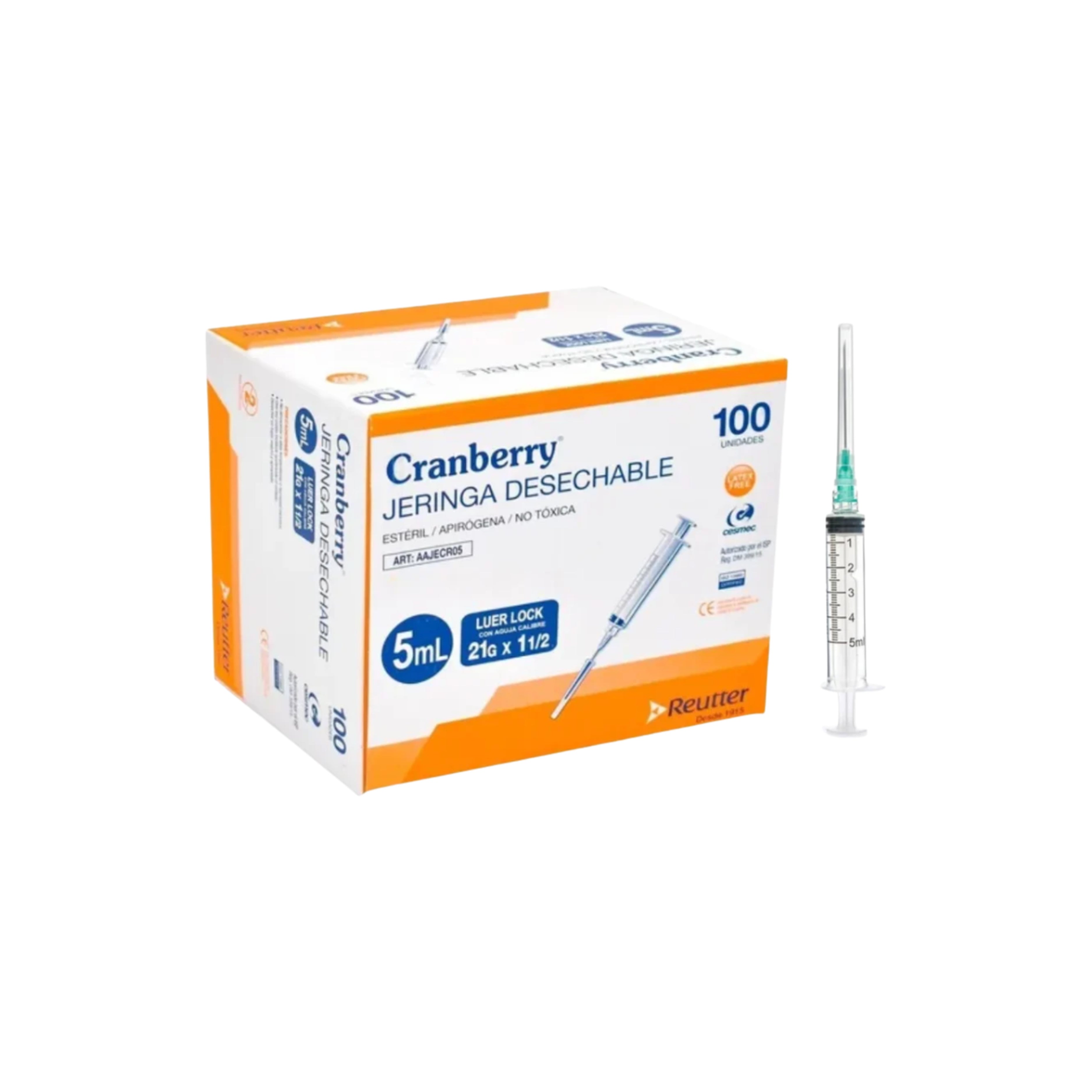 Jeringa desechable Luer Lock C/Aguja 5ml - Caja de 100 Unid