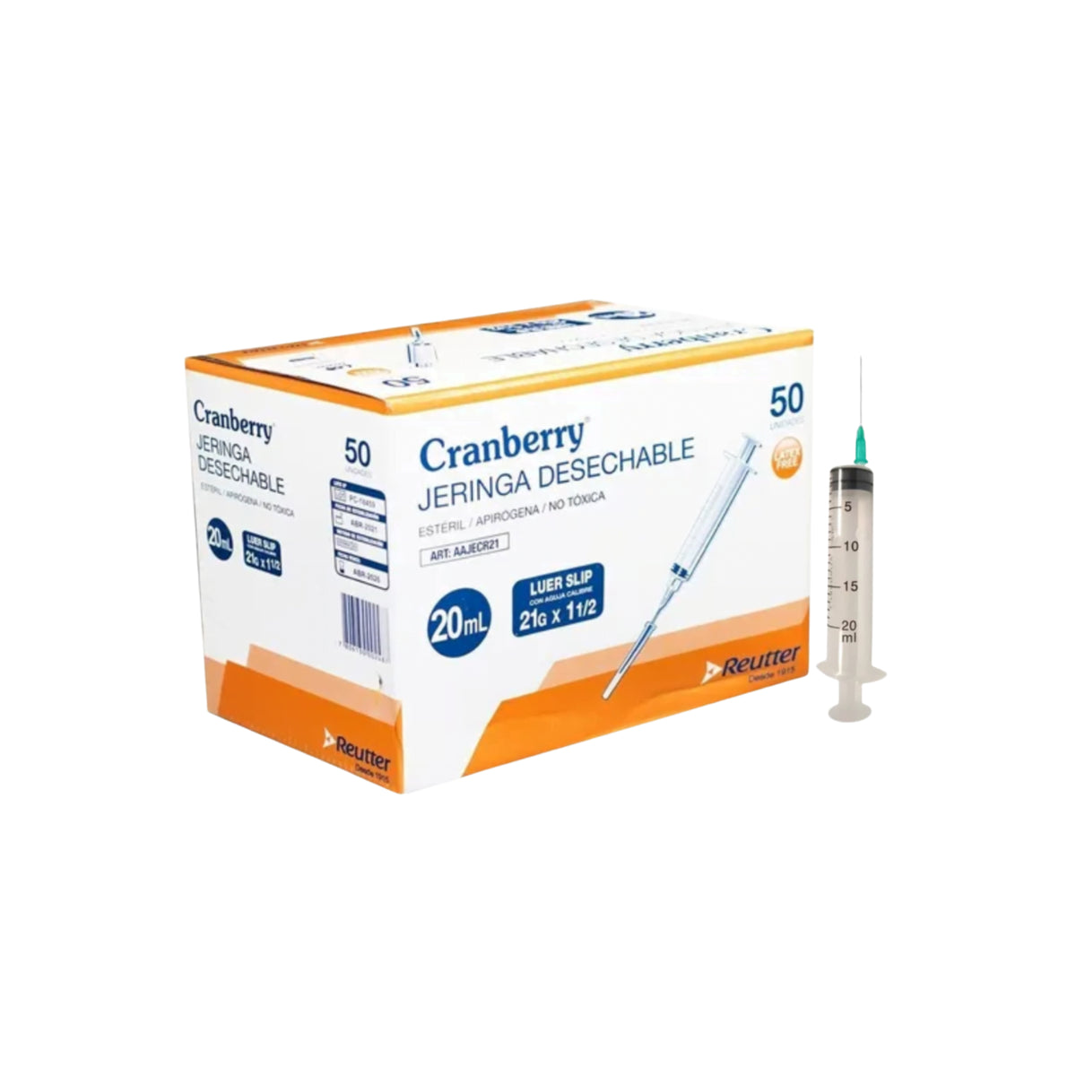 Jeringa desechable Luer Slip C/Aguja 20ml - Caja de 50 Unid