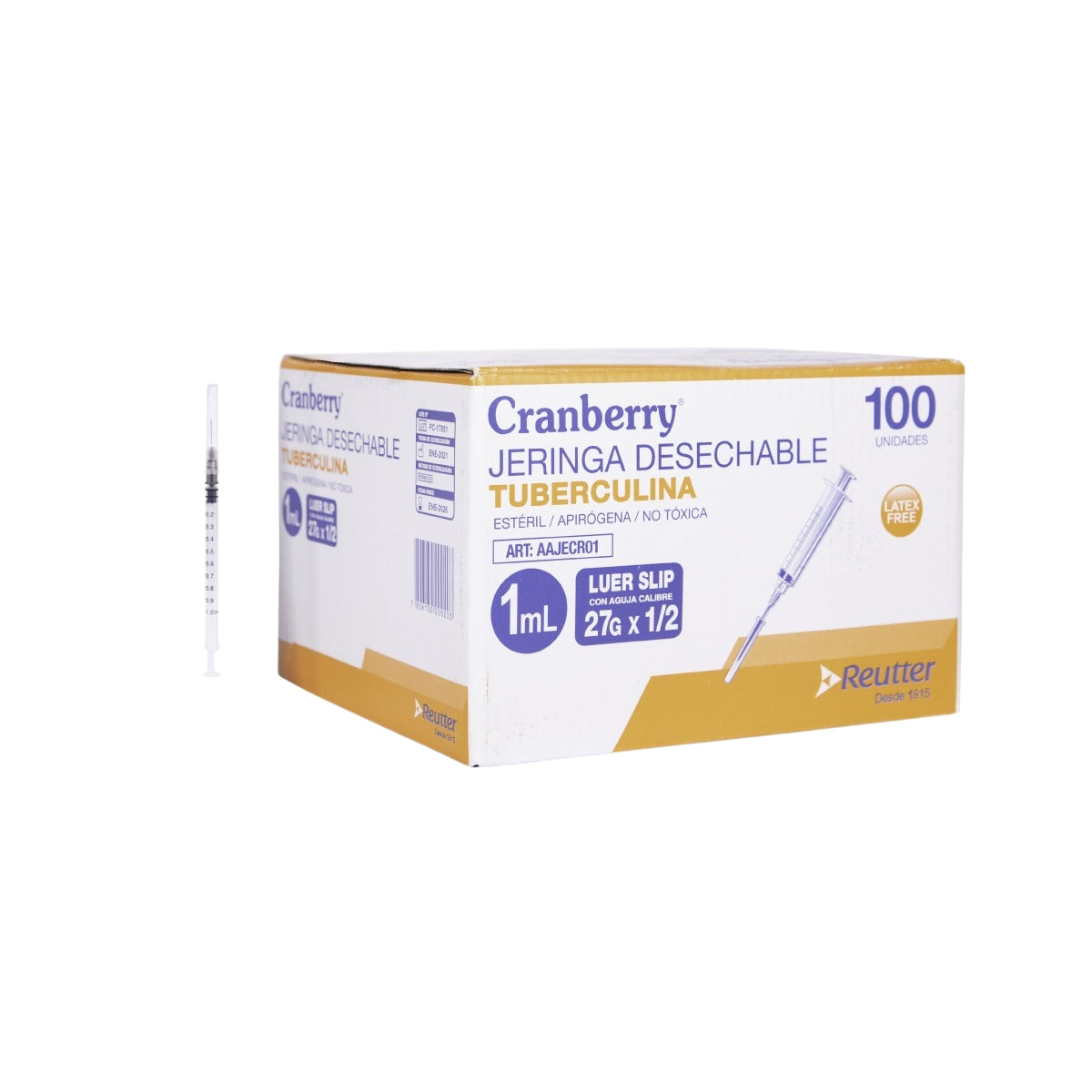 Jeringa tuberculina 1cc aguja de 27 × 1/2 Cranberry  - Caja de 100 Unid