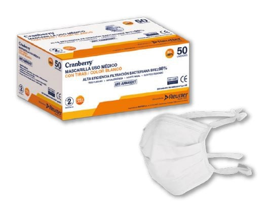 Mascarilla Cranberry 3 pliegues blanca con tiras y filtro caja de 50 unidades