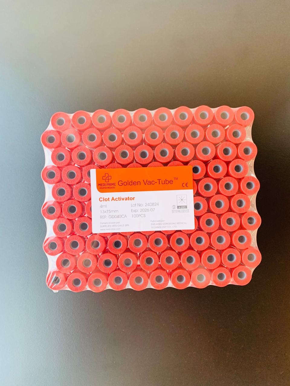 Tubo al vacio, Tapa Roja (Clot Activador) 4 ML (13X75MM) X 100 unidades