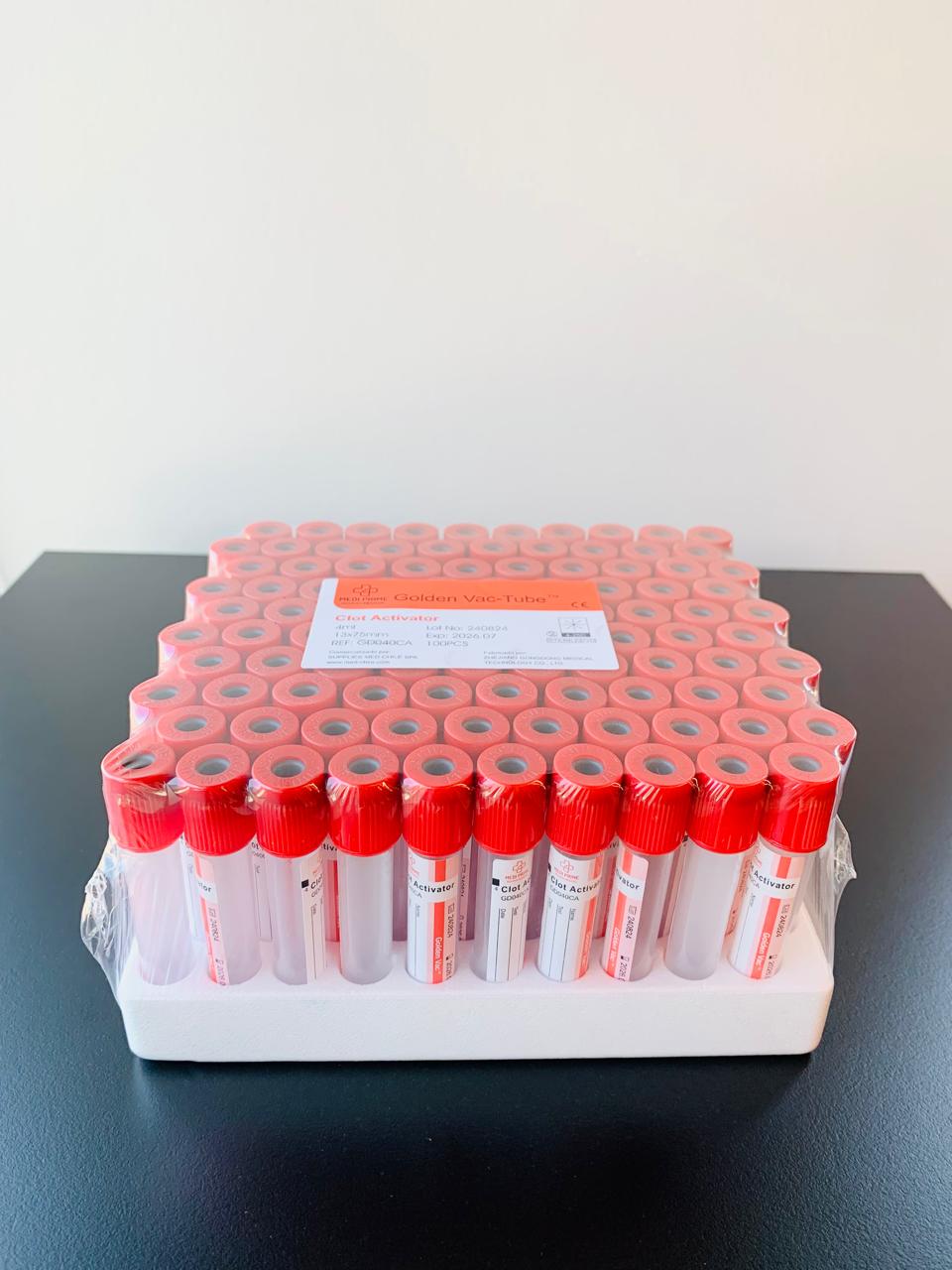 Tubo al vacio, Tapa Roja (Clot Activador) 4 ML (13X75MM) X 100 unidades