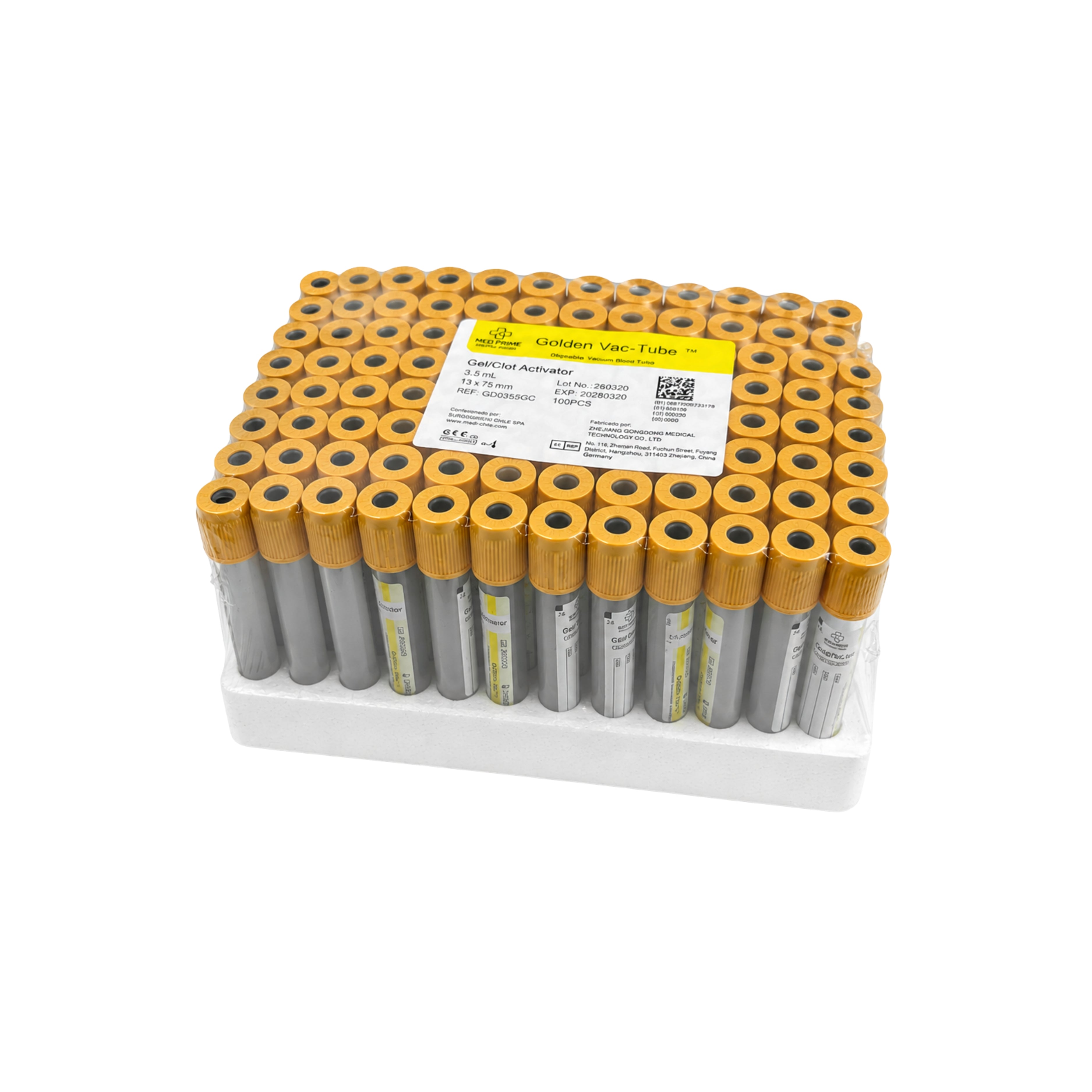 Tubo al vacío, Tapa Amarilla (Gel/ Clot Activador) 3,5ML (13X75MM) - Rack de 100 Unid