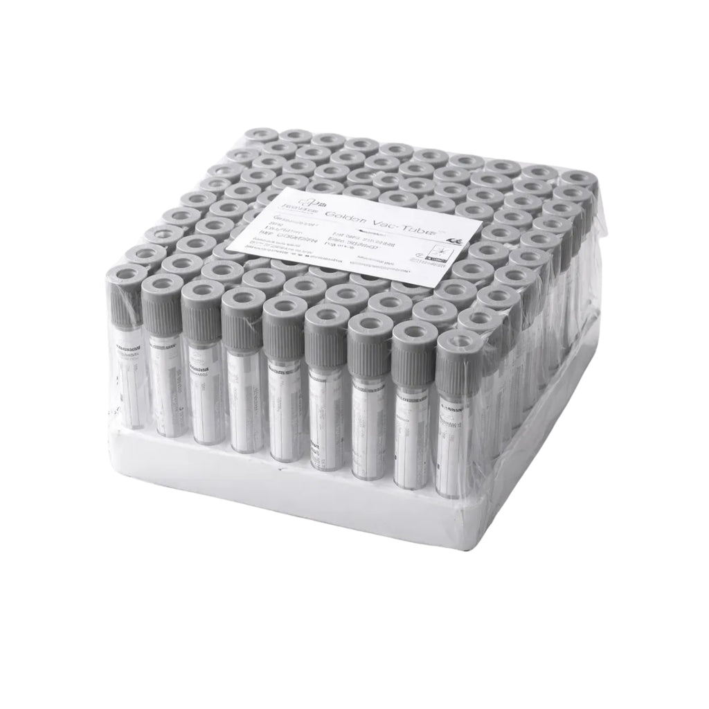 Tubo al vacío, Tapa Gris (Glucosa) 2 ML (13X75MM) - Rack de 100 Unid