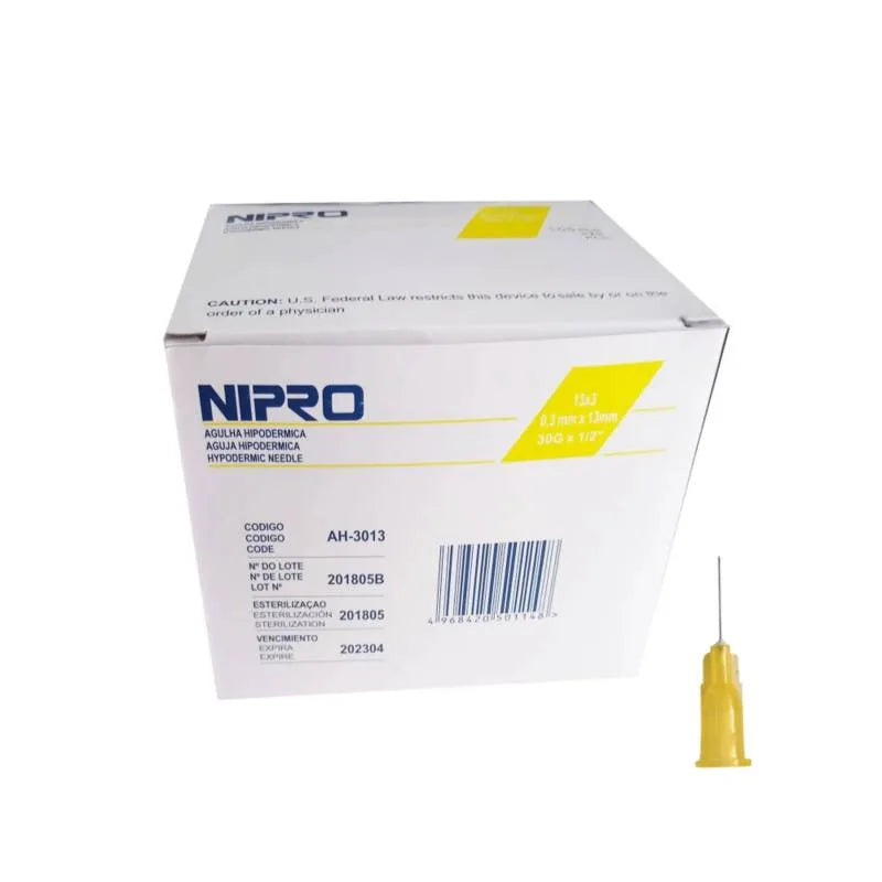 Agujas hipodérmicas 30G 1/2 x 100u, Nipro.